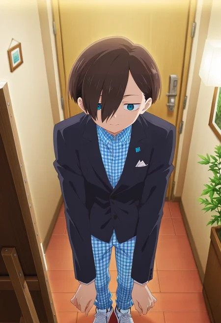 masterpiece, best quality, , anime screencap, , official style, , 1boy, solo, male focus, <lora:kyoutarou_ichikawa_ilxl:0.96>, kyoutarou_ichikawa, brown hair, blue eyes, short hair, hair over one eye, bangs, tech garden, robot tenders, data plants, virtual flowers, tending pose, gentle expression, artificial lighting, Gingham Beige Cargo pants, Suit jacket, Canvas sneakers, ,