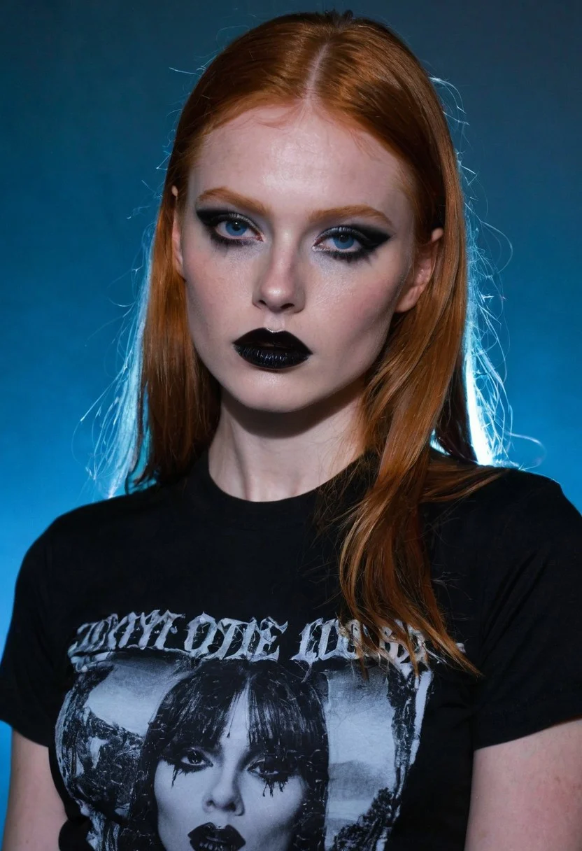 sdxl_jessidom, studio portrait, front view, wearing a black-metal tee, under soft blue and pink backlighting, ultra-sharp cinematic photo with glossy highlights and a provocative, high-fashion aesthetic,
ginger,black lipstick,black lips