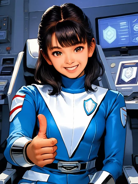 score_9, score_8_up, score_7_up, 1girl,solo, <lora:100_shaider_annie_pdxl:1> anncost3, black hair, shoulder length hair, bangs, brown eyes, Japanese woman, blue bodysuit with white triangle and badge, bodysuit, silver bracers, smile, looking at viewer, upper body, sitting, control room, thumbs up
