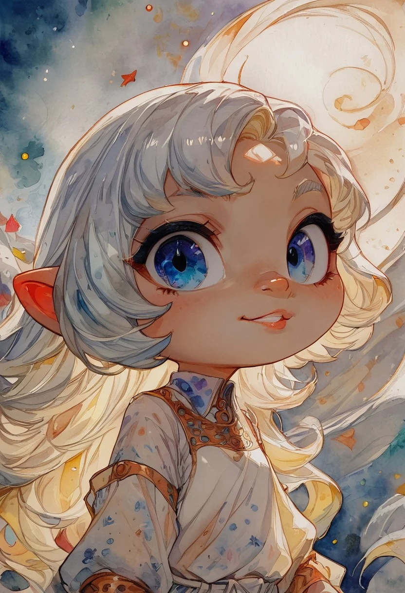 (watercolor, traditional media), score_9, score_8_up, score_7_up, score_6_up, source_anime, thick thighs, (shortstack:1.4), (cute:1.4), (adorable:1.4), big expressive eyes, cinematic lighting, volumetric lighting, Expressiveh, plump, extremely detailed, amazing quality, detailed eyes, colorful, high quality, (detailed face), 1girl, masterpiece, best quality, absurdres, amazing quality, anime screenshot, anime coloring, looking at viewer, Pastel colors, Dissolve Styles, (white theme:1.1), space, galactic queen, otherworldly, rainbow theme, blue and red lights, (masterpiece, best quality:1.4), perfect body, parted lips, detailed skin, model photoshoot, macro shot of a beautiful albino girl, white hair, dynamic lighting, cinematic still, pale skin, screencap, skin texture, contemplative, smirk, piercing blue eyes, extremely long hair, sleek hair, portrait, (face focus, upper body portrait:1.6), Light reflects on the skin, (chromatic aberration:1.2), pale skin,