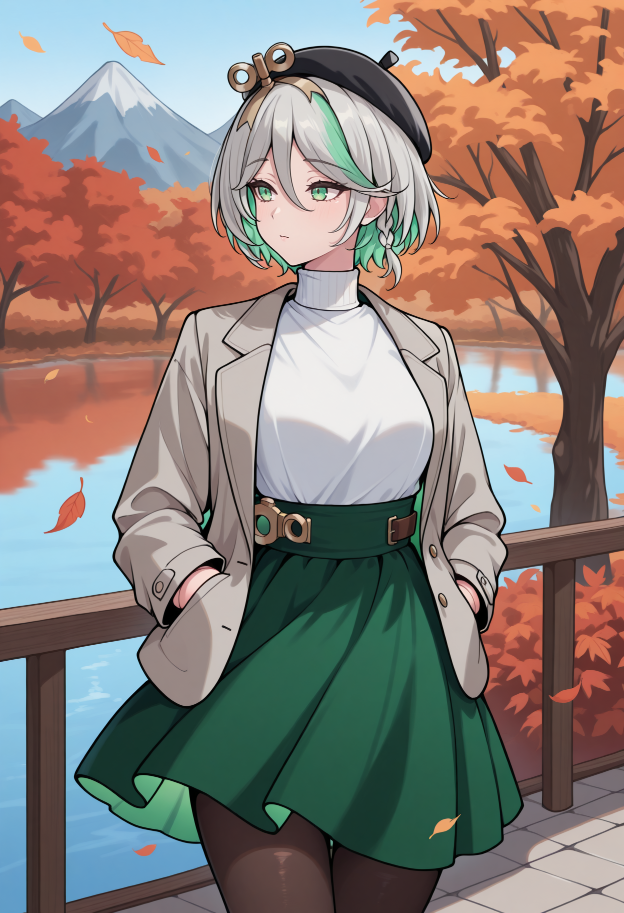 masterpiece, best quality, 1girl, solo, CeciliaImmergreen, green eyes, winding key hair ornament, doll joints, grey hair, colored inner hair, streaked hair, short hair, side braid, looking to the side, black beret, grey blazer, white turtleneck, high-waist skirt, green skirt, pantyhose, hands in pocket, outdoors, autumn, lake, tree, mountain, falling leaves, wind, <lora:ChamCeciliaImmergreenIllustriousXL:1>