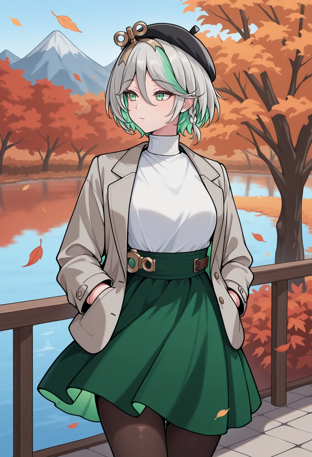 masterpiece, best quality, 1girl, solo, CeciliaImmergreen, green eyes, winding key hair ornament, doll joints, grey hair, colored inner hair, streaked hair, short hair, side braid, looking to the side, black beret, grey blazer, white turtleneck, high-waist skirt, green skirt, pantyhose, hands in pocket, outdoors, autumn, lake, tree, mountain, falling leaves, wind, <lora:ChamCeciliaImmergreenIllustriousXL:1>