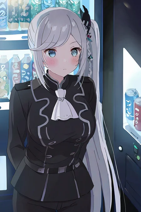 (masterpiece), (best quality), (intricate details, very aesthetic), absurdres, highres, 1girl, cinematic light, <lora:Livia_de_Udis-Illustrious:1> livia_wz, very long hair, grey hair, heterochromia,  blue eyes, green eyes, hair ornament, large breasts, white ascot,long sleeves, black jacket, jewelry, black pants, soda can, vending machine,