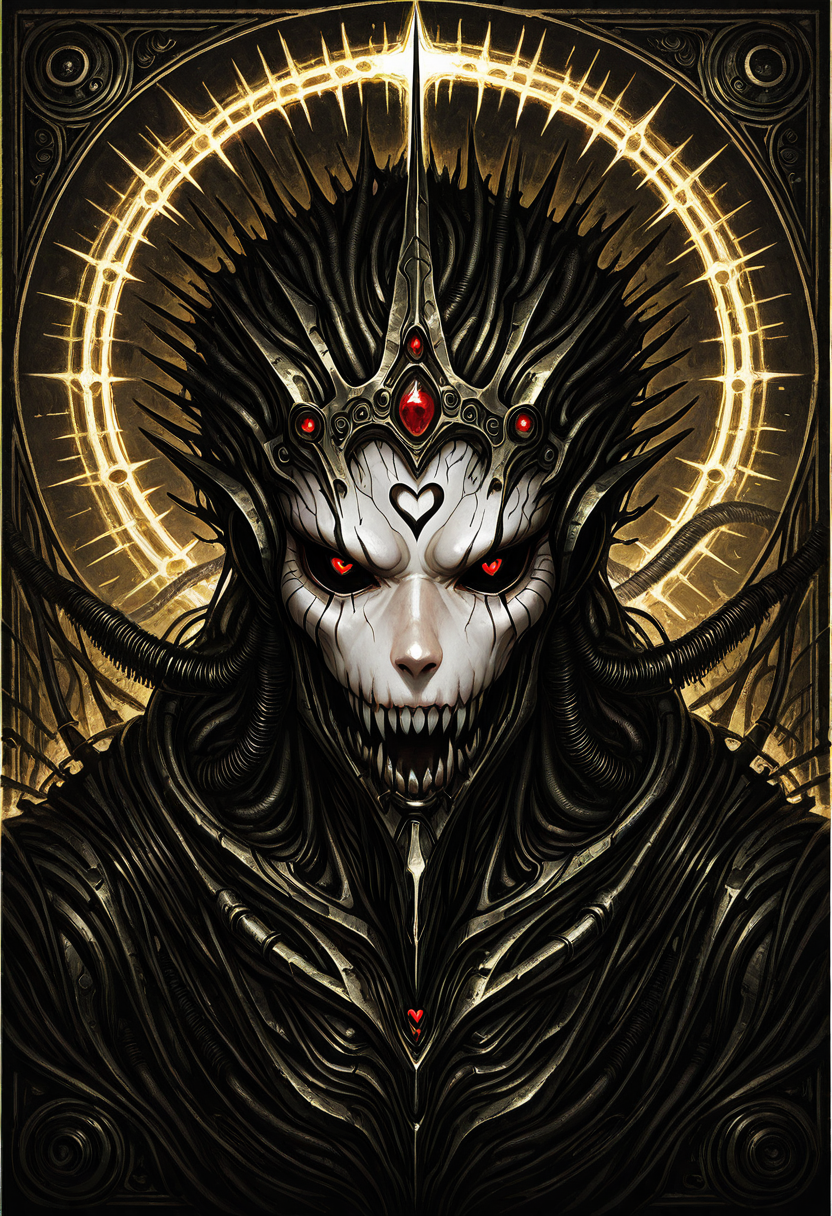 best quality, hyper-realistic, very aesthetic, refined elegance, very aesthetic,, close up,  A biomechanical priestess, her body a seamless blend of flesh and machine, stands in a crumbling cathedral where steel ribs arch like the bones of forgotten gods. Liquid metal veins pulse beneath her semi-transparent skin, feeding into a glowing cybernetic halo adorned with writhing wires that mimic celestial glyphs. Her mechanical hands, elongated and claw-like, cradle a pulsating, heart-like mass of organic circuitryâhalf alive, half machine. The world outside is an endless wasteland of towering industrial spires, where AI prophets whisper forgotten truths. Dark surrealism, hyper-detailed Giger-punk, eerie biomechanical gothic horror.