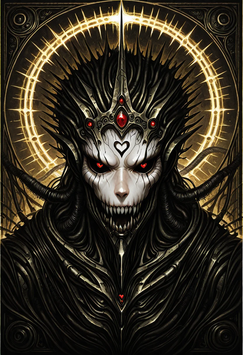 best quality, hyper-realistic, very aesthetic, refined elegance, very aesthetic,, close up, A biomechanical priestess, her body a seamless blend of flesh and machine, stands in a crumbling cathedral where steel ribs arch like the bones of forgotten gods. Liquid metal veins pulse beneath her semi-transparent skin, feeding into a glowing cybernetic halo adorned with writhing wires that mimic celestial glyphs. Her mechanical hands, elongated and claw-like, cradle a pulsating, heart-like mass of organic circuitryâhalf alive, half machine. The world outside is an endless wasteland of towering industrial spires, where AI prophets whisper forgotten truths. Dark surrealism, hyper-detailed Giger-punk, eerie biomechanical gothic horror.