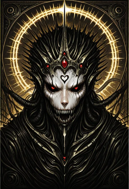 best quality, hyper-realistic, very aesthetic, refined elegance, very aesthetic,, close up,  A biomechanical priestess, her body a seamless blend of flesh and machine, stands in a crumbling cathedral where steel ribs arch like the bones of forgotten gods. Liquid metal veins pulse beneath her semi-transparent skin, feeding into a glowing cybernetic halo adorned with writhing wires that mimic celestial glyphs. Her mechanical hands, elongated and claw-like, cradle a pulsating, heart-like mass of organic circuitryâhalf alive, half machine. The world outside is an endless wasteland of towering industrial spires, where AI prophets whisper forgotten truths. Dark surrealism, hyper-detailed Giger-punk, eerie biomechanical gothic horror.