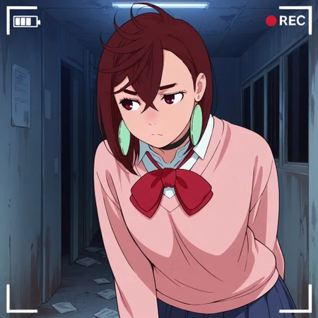 Score 9, Score 8, Score 7, Masterpiece, Superior Quality, Amazing Quality, Masterpiece, Maximum Quality, Ultra-detailed, Alone, White Frame, Maximum Contrast, Saturated Color, Bright Colors, Dynamic Lighting, alone, 20 years old, female body,
ayase_momo,
ayasemomo, hair between eyes, crossed bangs, green earrings, brown hair, red eyes, black choker, short hair, white shirt, red bowtie,pleated skirt,school uniform, pink cardigan, long sleeves,
recording video, in an abandoned hospital, at night, brave,