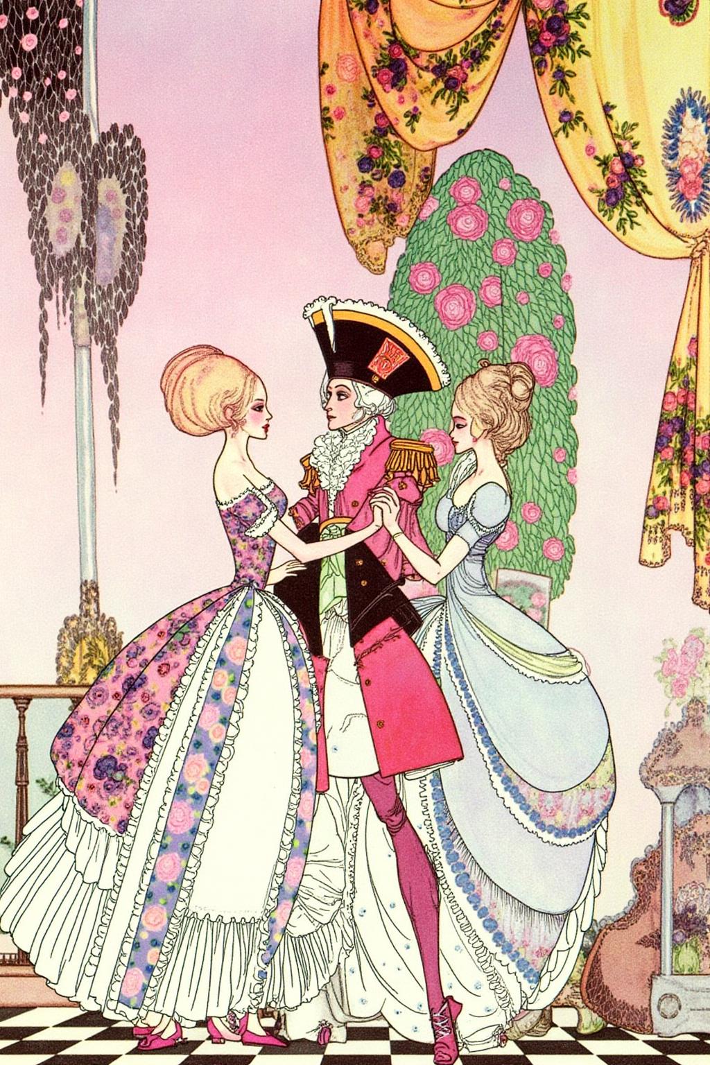 kaynielsen1 illustration.
Four elegantly dressed figures dancing in a richly decorated Rococo room, decorated interior with floral drapery, a vase of pink roses, and a checkered floor. The three women are in elaborate floral and lace crinoline gowns. The man is wearing a pink shirt and jacket, white wig, and a black hat with yellow accents. <lora:kaynielsen1_d8a4e12:1.0><lora:865926351654273061:0>
