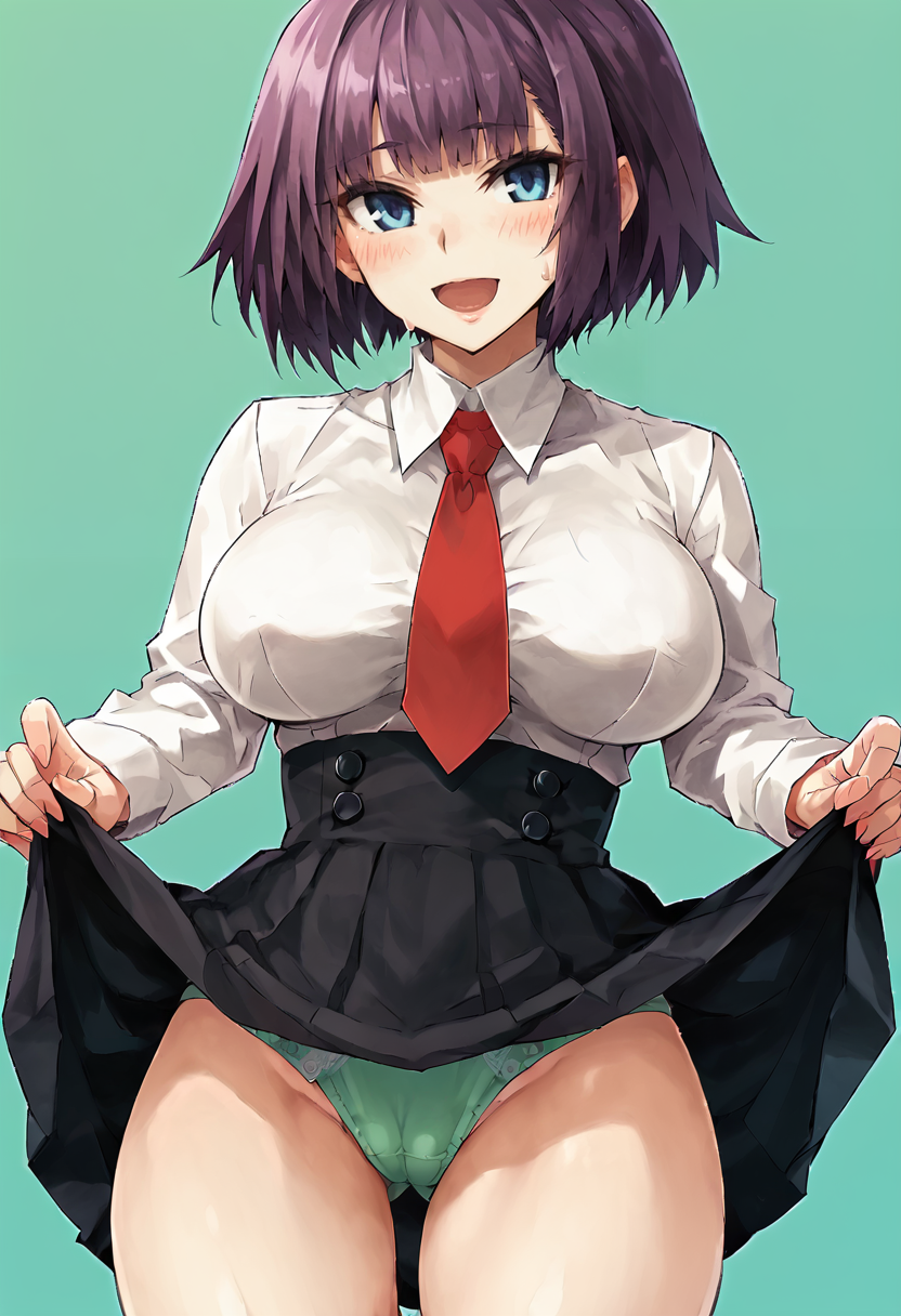 score_9, score_7_up,  1girl, 
solo, huge breasts, wide hips, thick thighs, green panties, red necktie, looking at viewer, long sleeves, cameltoe, green background, blunt bangs, shirt, cowboy shot, underwear, clothes lift, breasts, thighs, blue eyes, sweatdrop, bob cut, :d, necktie, short hair, open mouth, white shirt, skirt, skirt lift, lifted by self, black skirt, large breasts, blush, smile, purple hair, alternate breast size, high-waist skirt, panties, high collar
 <lora:Konoe-Otsugu-Style-PonyXL-GLoRA-000046:1>