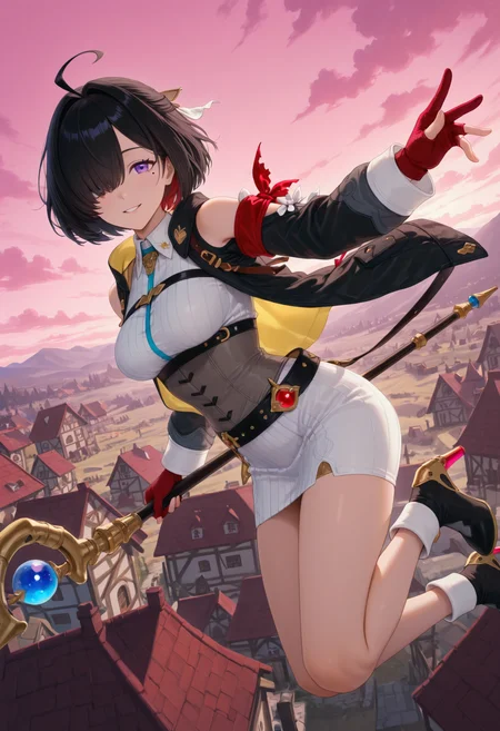 <lora:Char_Yumia_Liessfeldt:1>, purple eyes, hair over one eye, colored inner hair, black hair, red hair, bob cut, ahoge, mole under eye, hair ornament,
white dress, collared dress, short dress, chest strap, ribbed dress, corset,
multicolored jacket, two-sided jacket, black jacket, yellow jacket, shoulder cutout, red armband, long sleeves, belt, partially fingerless gloves,
ankle boots, high heels,
holding staff, midair, village, floating clothes, floating hair, smile parted lips, looking at viewer, cloud, pink sky, dusk, very awa, masterpiece, best quality, highres, absurdres