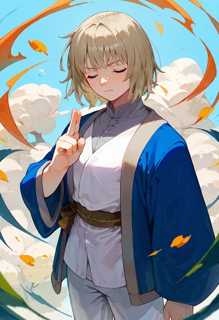score_9, score_8_up, score_7_up, 1girl, kuji-in, (serious:0.8), closed eyes,
falin, blue jacket shirt robe white pants wide sleeves
<lora:kuji-in_1_pony_d32:1> <lora:falin_marcille_pony_d16:1>