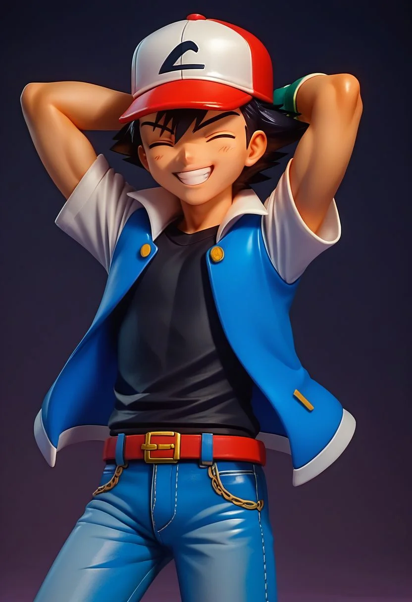 score_9, score_8_up, score_7_up, source_anime, high resolution,
figure, solo, 1boy, ash_kanto, black hair,
baseball cap, black t-shirt, blue jacket, open jacket, short sleeves, white sleeves, jeans, belt, fingerless gloves,
smile, grin, hands behind head, eyes closed,
cowboy shot, dark background, vivid lighting, best quality, realistic,