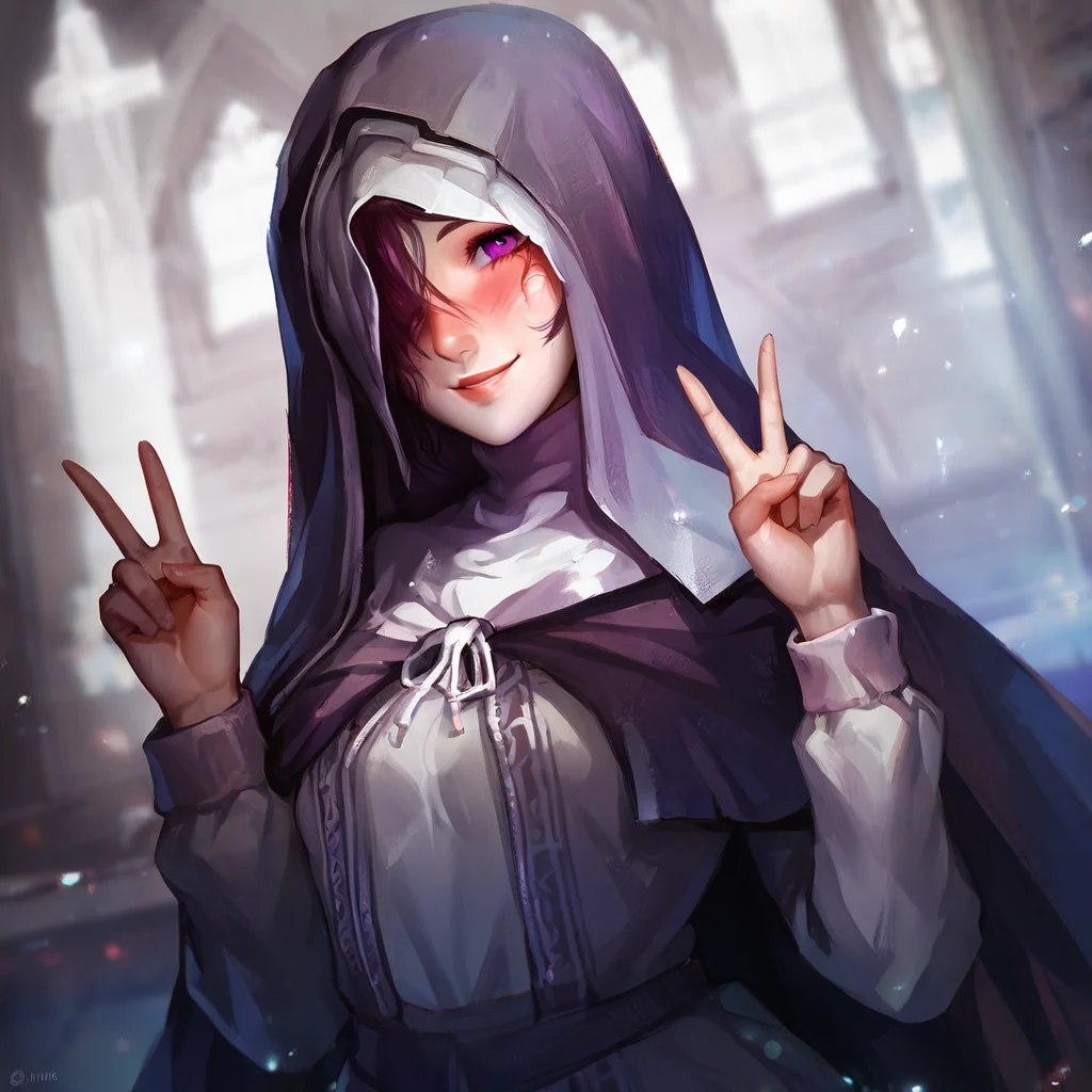 <lora:sisterfriede:1>,1girl,solo,hooded cape,dress,hood up,burn scar on face,purple eyes,red hair,hair over one eye,looking at viewer,smile,blush,cowboy shot,hands up,v,church,, (score_9,score_8_up,score_7_up), anime style, beautiful detailed skin, beautiful eyes, detailed face, best quality, high quality,