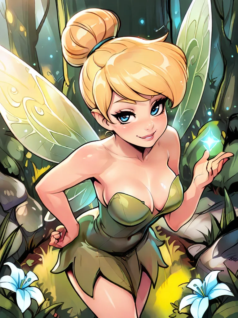 highres, hi res, best quality, masterpiece, intricate details, absurdres, 4k,
1girl, holding a magic dust, in a forest around multiple flowers, magic particles, cute pose, medium breasts, naughty face, smile, looking at viewer, cute, detailed landscape, cowboy shot, from above,
<lora:TinkerExtra_character:0.6>,TinkerWaifu, fairy wings, blonde hair, blue eyes, green dress, sexy, single hair bun, strapless, <lora:Reiq:0.8>