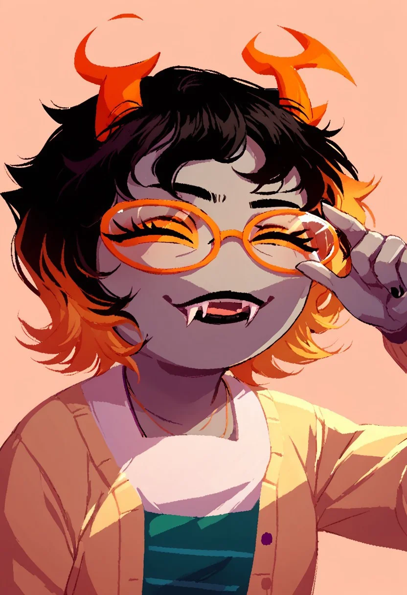 Score_9, score_8_up, score_7_up, Homestuck^2_style, 1girl, grey skin, flat color, black hair, glasses, colorful hair, fangs, horns,
