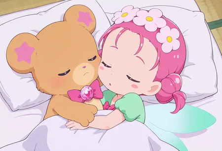 <lora:mahoutsukai_precure_all_in_one_illustXL_locon_v1:0.7> masterpiece, best quality, absurdres, very aesthetic, sleeping, under covers, head on pillow, blanket, lying, futon, on back, on side, bed sheet, indoors, bed,
mofurun \(mahou girls precure!\), 1other, teddy bear, no humans, furry, bear ears, star hair ornament, closed eyes, pink bowtie, pink neckwear, brooch,
1girl, ha-chan \(mahou girls precure!\), fairy, child, chibi, minigirl, pink hair, short hair, short twintails, double bun, head wreath, hair flower, pink flower, blush stickers, butterfly wings, fairy wings, green shirt, puffy short sleeves, closed eyes,