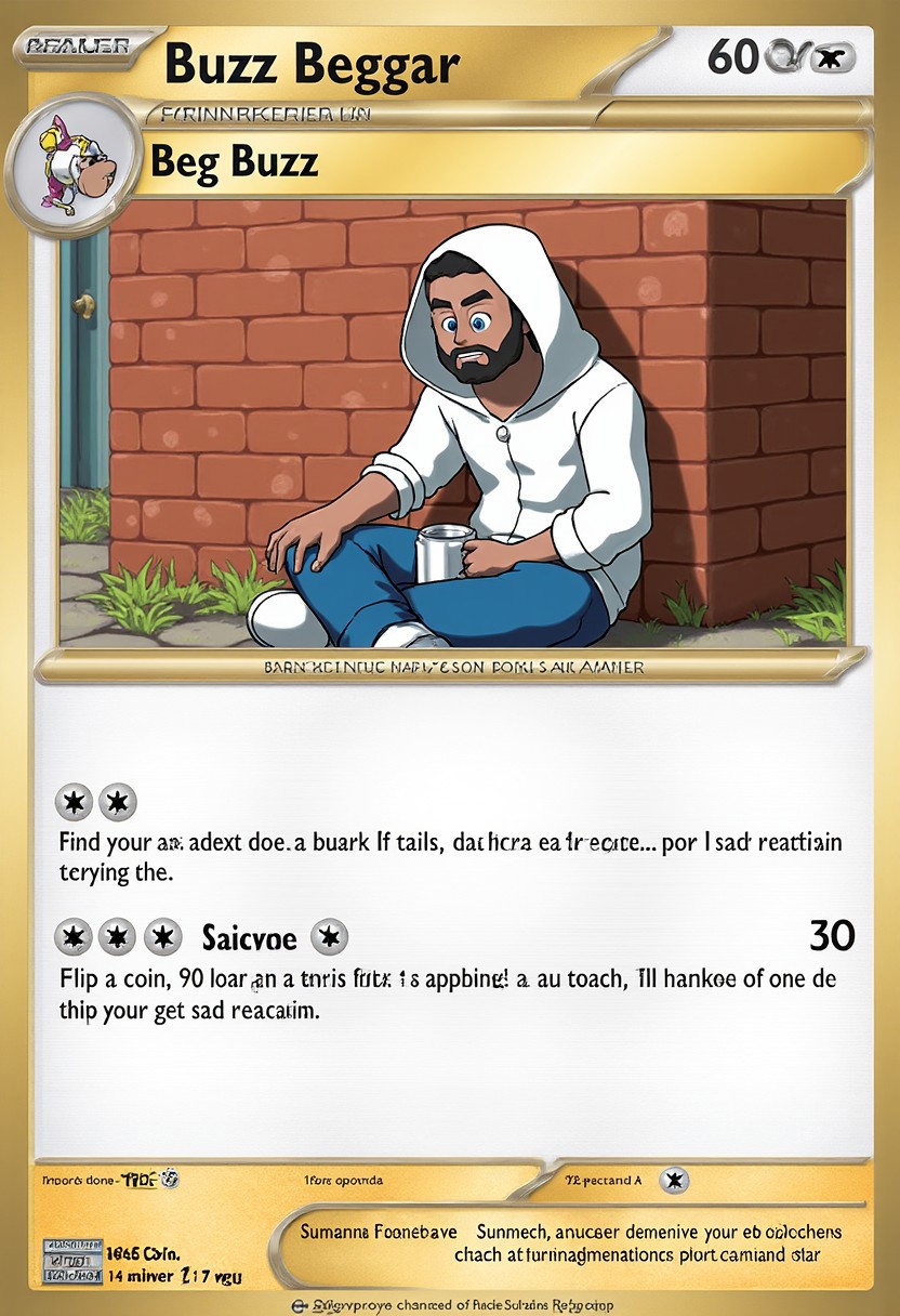 This is an image of a pokemon trading card, depicting a pokemon called Buzz Beggar
The card has a golden frame and the text elements are concise.
The card depicts the image of a male beggar wearing a hoodie and he's sitting against a brick wall, holding a mug.
This pokemon has one attack titled "Beg Buzz", and the description reads "Flip a coin, if heads, this cards gets 5 buzz. If tails, this card gets a sad reaction"