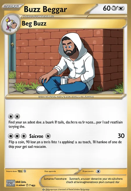 This is an image of a pokemon trading card, depicting a pokemon called Buzz Beggar
The card has a golden frame and the text elements are concise.
The card depicts the image of a male beggar wearing a hoodie and he's sitting against a brick wall, holding a mug.
This pokemon has one attack titled "Beg Buzz", and the description reads "Flip a coin, if heads, this cards gets 5 buzz. If tails, this card gets a sad reaction"