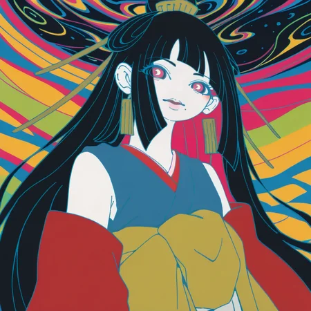 portrait pretty score_9, score_8_up, score_7_up, score_6_up, score_5_up BREAK t1u5, 1girl, mole under mouth, colored sclera, pink eyes, symbol-shaped pupils, long hair, black hair, blue kimono, sleeveless, earrings, hair stick, hime cut, sidelocks, hair ornament, colored inner hair, yellow obi, red sleeves, detached sleeves, cowboy shot, pale skin, looking at viewer, solo, <lora:tukiGirlPDXL16v0.95cametx1:0.9>, (Psychedelic style:1,05), drawing, Vibrant colors, swirling patterns, abstract forms, surreal, Cubist artwork, Geometric shapes, abstract, Video Art, dramatic angle, highly detailed, slender eyes