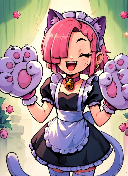 score_9, score_8_up, score_7_up , <lora:pawlette:1> 1girl, human , pawlette ,animal ears, cat tail , pink hair, hair over one eye, maid headdress, bracelet ,necklace, neck bell, maid, short dress, White Stockings , paw gloves,solo , smile , open mouth, one eye closed, <lora:Aer0Zer0_Artist_Style:1>aerozerorisk