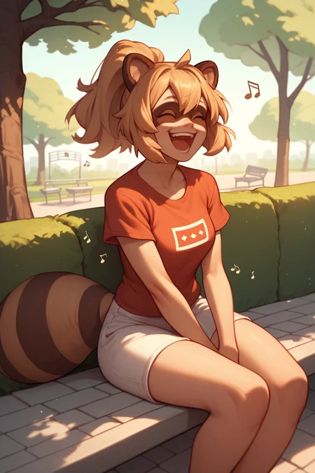 score_9, score_8_up, score_7_up, 1girl, solo, <lora:mixp_pd_glora:1> raccoon girl, raccoon tail, raccoon ears, brown hair, sitting, trees, park, white shorts, red t-shirt, blonde hair, ponytail, happy, laughing, music notes