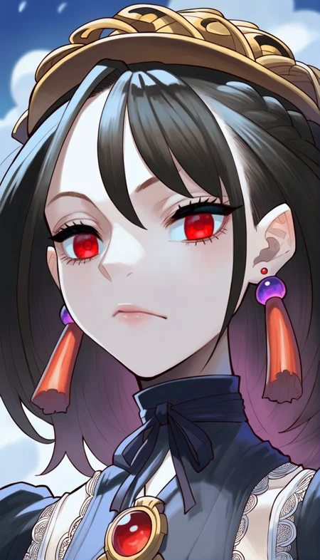 score_9,score_8_up,score_7_up,
<lora:underworldgoddess:0.9>,
underworldgoddess,
1girl,solo,pale skin,black hair,half updo,bangs,red eyes,looking at viewer,hair ornament,earrings,black neckerchief,black ribbon and bow decorations,jewelry,gothic attire,lace details,portrait,
outdoors,total solar eclipse,shattered particle effects,glowing elements,surreal atmosphere,magical aura,