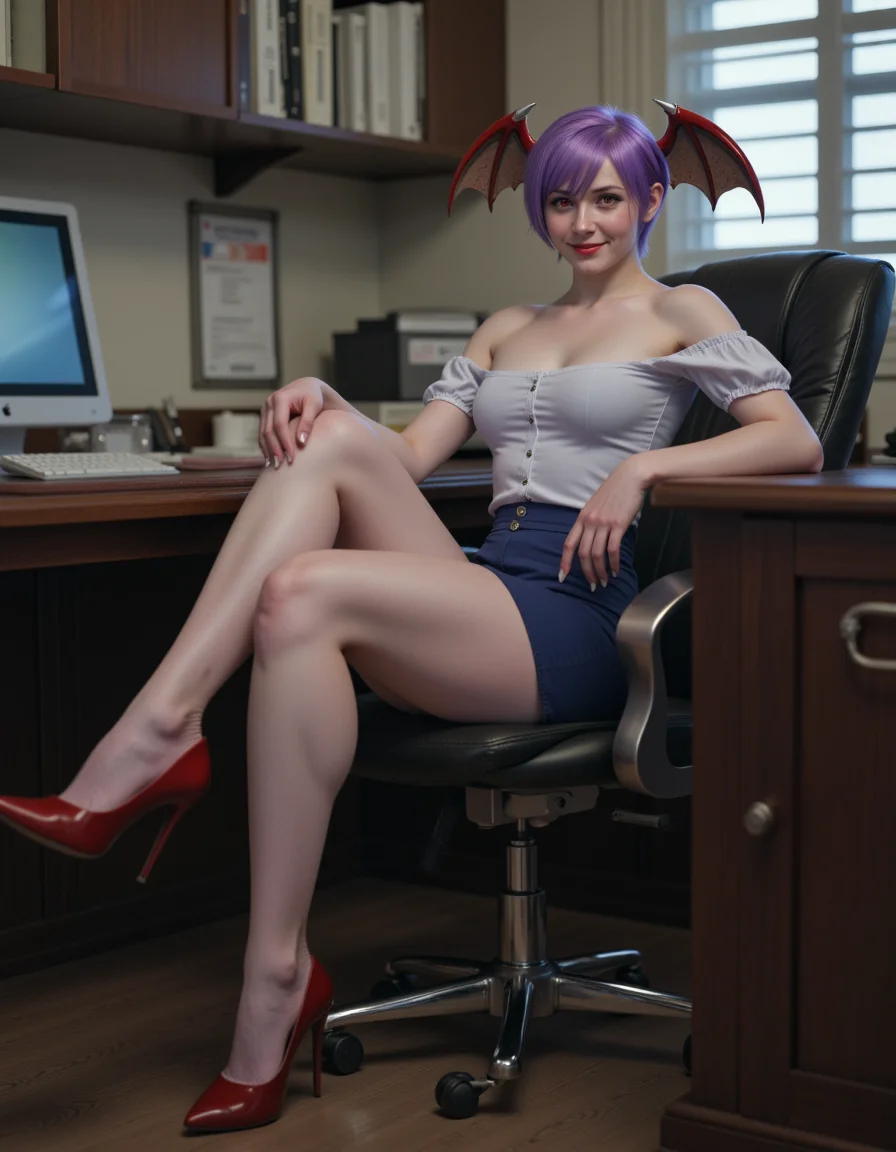 <lora:lilithaensland-flux-8:1>, , This is a <lora:real-lora:1> (ultrarealistic:1) photo of lilitha a young woman sitting in an office, in a chair with her feet up on the desk. She has a slender and toned athletic physique with a narrow waist and wide hips. She has short purple hair styled in a bob cut and her eyes are a striking red. Her skin is pale. She is wearing a blouse and pencil skirt and high heels. She has a small pair of bat-like wings with dark red membranes and claws from her head. she is smiling