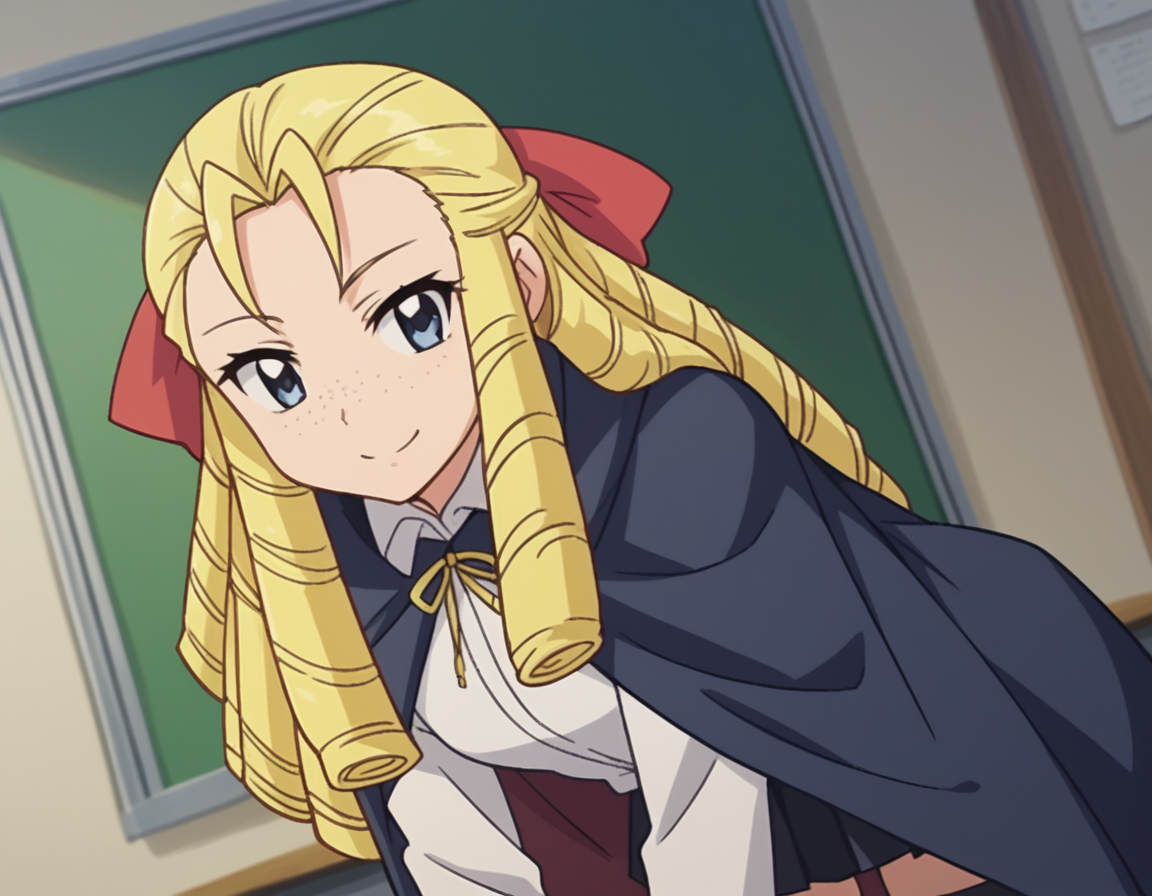 score_9, score_8_up, score_7_up, source_anime,
montmorencymargaritalaferedemontmorency, <lora:montmorency-margarita-la-fere-de-montmorency-s3-ponyxl-lora-nochekaiser_r2:1>,
montmorency margarita la fere de montmorency, long hair, blonde hair, bow, hair bow, drill hair, forehead, freckles, hair pulled back, ringlets,
skirt, thighhighs, long sleeves, collared shirt, white shirt, black skirt, cape,
indoors, classroom, bent over, smile,
looking at viewer, cowboy shot, solo, dutch angle