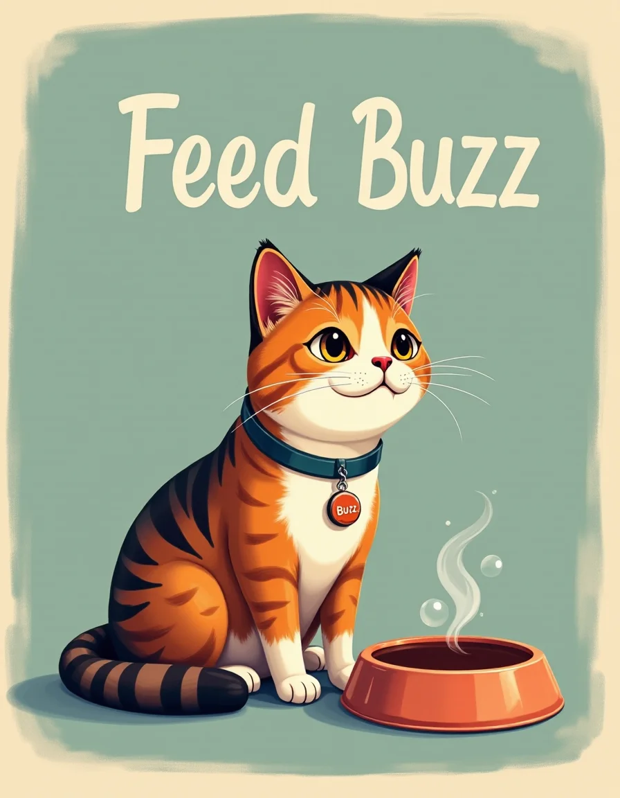 Image of cat sitting near dish with text "Feed Buzz", cat is wearing badge with name "Buzz"