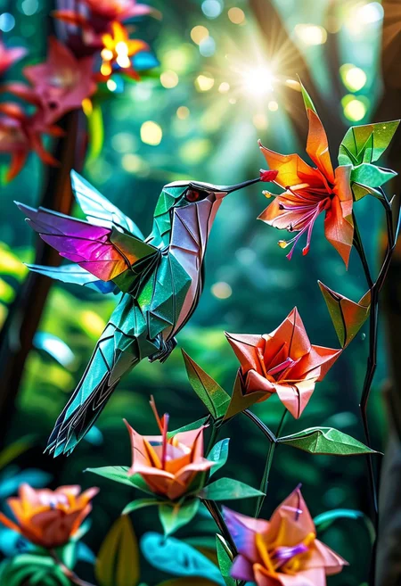 cinematic shot of beautiful origami hummingbird feeding on exotic flower in lush forest, iridescent plumage, vibrant colors, lens flare, bokeh, high resolution