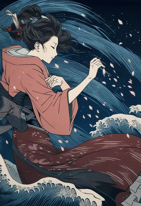 a girl in kimono and dancing in a storm, cherry petals flying in the air, wind and rain, (best quality), woodcuts, highly detailed, KHsty-XL <lora:KHsty-XL-v3-AN:0.7>