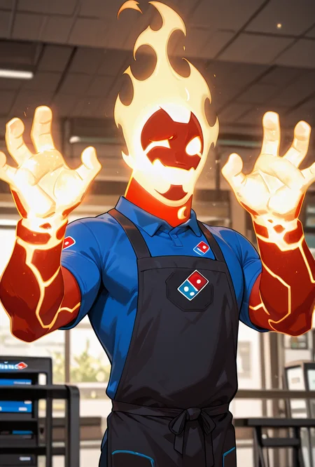 <lora:heatblast-09:1> heatblast, fire, 1boy, dynamic pose, action pose, <lora:ADominosXL_concept:1> Dominos Uniform, , , employee uniform, black headwear, blue shirt, collared shirt, short sleeves, black apron, black cap, smiling, winking,, masterpiece, best quality, amazing quality, very aesthetic, absurdres, newest,