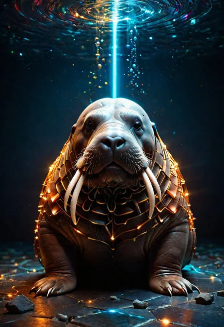 a walrus carpenter that builds 3D mystical geometry from ancient times, subsurface scattering rim lighting best quality precise material reflections balanced contrast accurately calculated shadows physics based materials highres