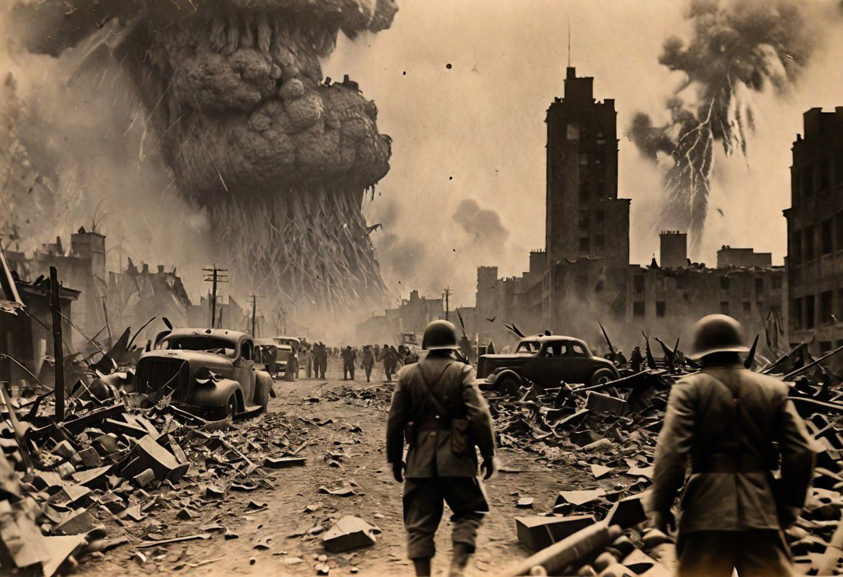 Godzilla, B&W 35mm vintage photo, WW2 picture, destroyed city backdrop,