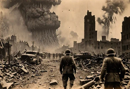 Godzilla, B&W 35mm vintage photo, WW2 picture, destroyed city backdrop,