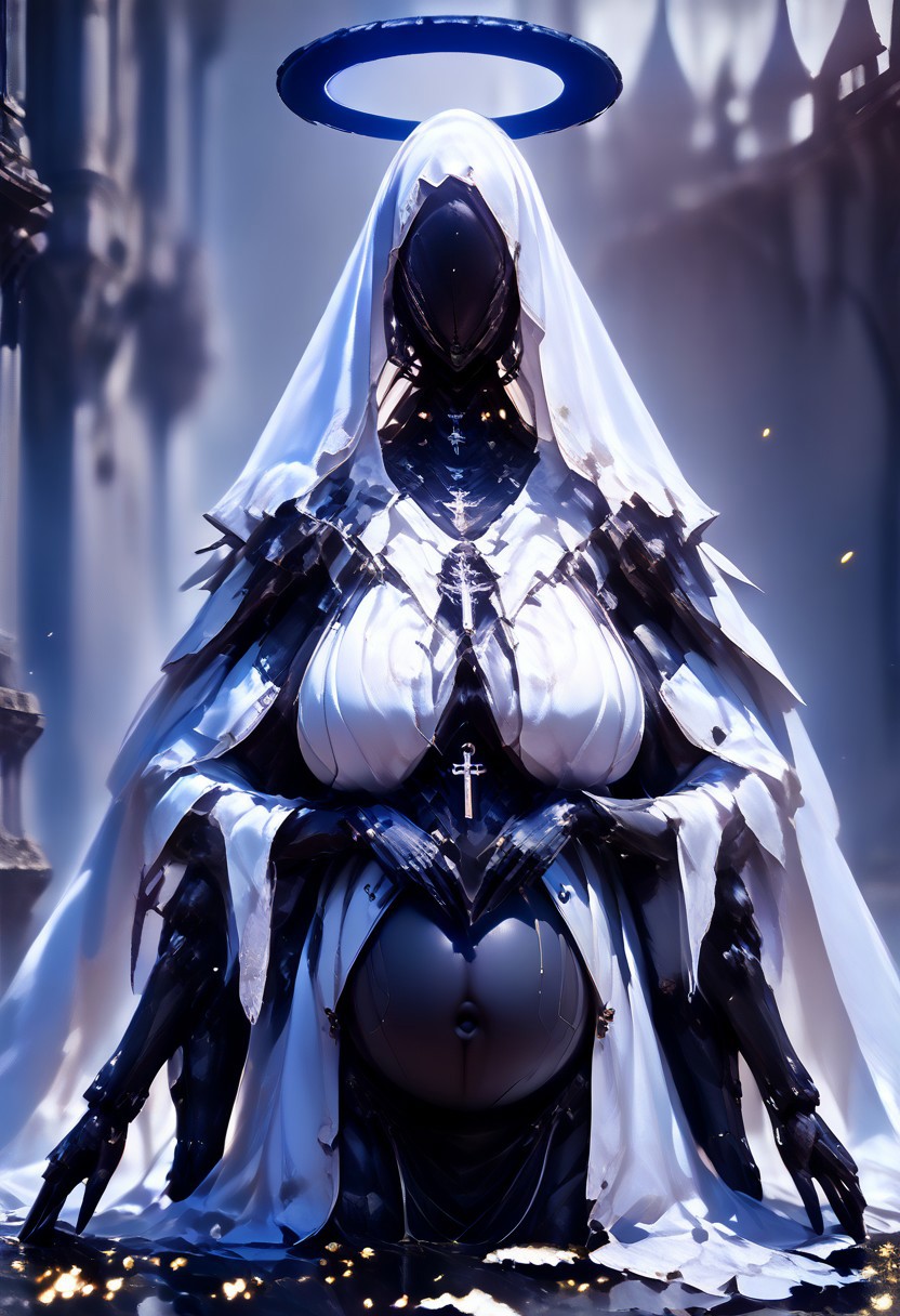 ((Realistic)), (score_9, score_8_up),((Pregnant)), score_7_up, ((wing)), 1girl, jewelry, hood, necklace, armor, mask, halo, helmet, cross, (crown), veil, cloak, spikes, robe, covered face, al13ng0d, solo, veil, black skin, hood up, (((huge breast, saggy breast))), ((mcnm)), (blurry background), dark, CINE, (embers:1.4),
,
Break
((4arms, 4arm, navel)), hand gesture, depth of field, hand gesture, dark and moody lighting, ruins, cathedral, feathered wings, wading, floating, angel wings, white wings, 
 <lora:unholy-000009:0.75>   <lora:CINE-000008:0.5>  <lora:add-detail-xl:-1> <lora:EnvyBetterHiresFixXL01:0:hr=1>
