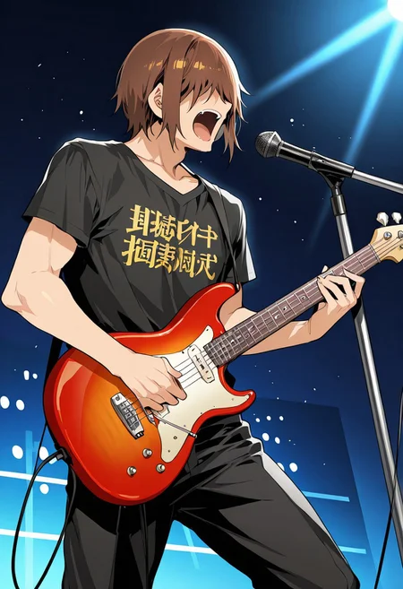score_9, score_8_up, score_7_up, score_6_up, source_anime, BREAK, 1man, solo, (( <lora:hentai_mc:1> , hentai_mc, faceless, shaded face, toned body, manly, strong male, alfa male, short brown hair, hair over eyes, charismatic male, )) , black jacket, black shirt, printed t-shirt, black pants, playing bass guitar, standing, on stage, bar, night, heavy metal, screaming, microphone, in profile,