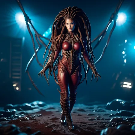 cinematic photo a full body science fiction monster woman, dreadlocks, spaceship<lora:InfestedKerrigan1024:0.8> . 35mm photograph, film, bokeh, professional, 4k, highly detailed
