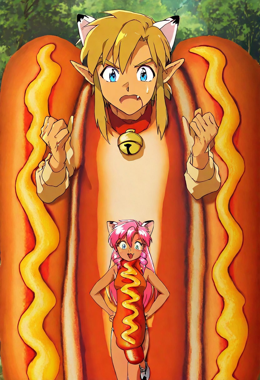 Maaterpiece, best quality, amazing quality, very aesthetic, duo, Pink_DragonPink, 1girl, hotdog costume, cat ears, cat bell necklace, pink hair, tanned, white tiger tail, small breasts, hotdog costume, leather shoes, <lora:pink-illustrious:1>, single fang showing, Break 1boy,Anime screencap,link (zelda),blonde hair,blue eyes,pointy ears,low ponytail,sidelocks, hotdog costume, Break Forest in sunny day, clearing, pink and link looking at viewer, 😖 expression, <lora:hotdog-costume-illustriousxl-lora-nochekaiser:1>, food, hot dog, looking at viewer, long sleeves, cowboy shot, ketchup, oversized food, costume, arms in a V