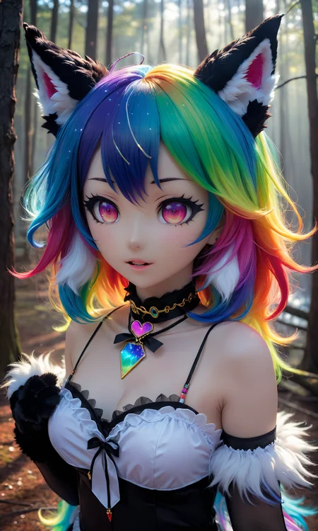 mk_jq,<lora:MK_jiaoqi_xl_v1.1-000001:0.8>,masterpiece, best quality, ultra high res, highly detailed, (psychedelic art:1.4), (woman, demon:1.3), (floating in dark mist:1.1), furry girl, anime furry women, ((best quality)), ((masterpiece)), ((realistic)), (detailed), portrait, close up, young female, RAW photo, uhd, dslr, rainbow hair, high quality, realistic, photo realistic, dreamlikeart, lens flare, upper body, looking at viewer, animal focus, furry, wolf fursuit, 1girl, cute, kawaii, lovely, fur, fur head, wolf head, narrow waist, wolf ears, black chocker, blush, paw, paw shoes, rainbow clothes, stunning gradient colors, no watermark signature, detailed background, woods, small lake with island, insanely detailed, visually stunning, wicked, hypnotic, alluring, cowboy shot, intricate, perferct shading, veil, beautiful, award-winning illustration, cosmic space background, ethereal atmosphere, ultra quality, beautiful girl, cosmical concept, rainbow strings, rainbow skin, rainbow bloody veins growing and intertwining out of the darkness, nailed wire, oozing thick blue blood, sharp neon, veins growing and pumping blood, vascular networks growing, green veins everywhere, yin and yang, glowing space, glowing stars, infinity symbol, dynamic pose, flying pose, glowing body, (rainbow aura:1.1), beautiful angel, clockwork, lightning, majestic, breathtaking