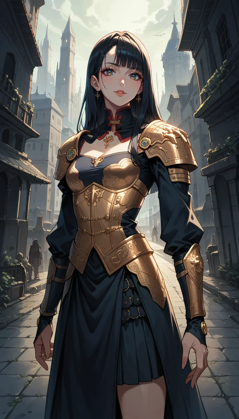score_9, score_8_up, score_7_up, Anime Style, Cowboy Shot, girl, gothic, cute, seductive, innocent, light smile:0.3, plump lips, slender body, dark tones, dramatic lighting, high contrast, medieval theme, gold ornate, mysterious, detailed armor, cyberpunk elements, cityscape, atmospheric, dark mood, haunting beauty, sharp shadows, textured, gold embedded, depth of field, dynamic angle, fashion photography, sharp, hyperdetailed:1.15