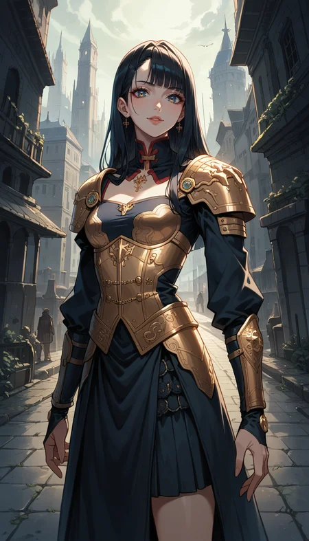 score_9, score_8_up, score_7_up, Anime Style, Cowboy Shot, girl, gothic, cute, seductive, innocent, light smile:0.3, plump lips, slender body, dark tones, dramatic lighting, high contrast, medieval theme, gold ornate, mysterious, detailed armor, cyberpunk elements, cityscape, atmospheric, dark mood, haunting beauty, sharp shadows, textured, gold embedded, depth of field, dynamic angle, fashion photography, sharp, hyperdetailed:1.15