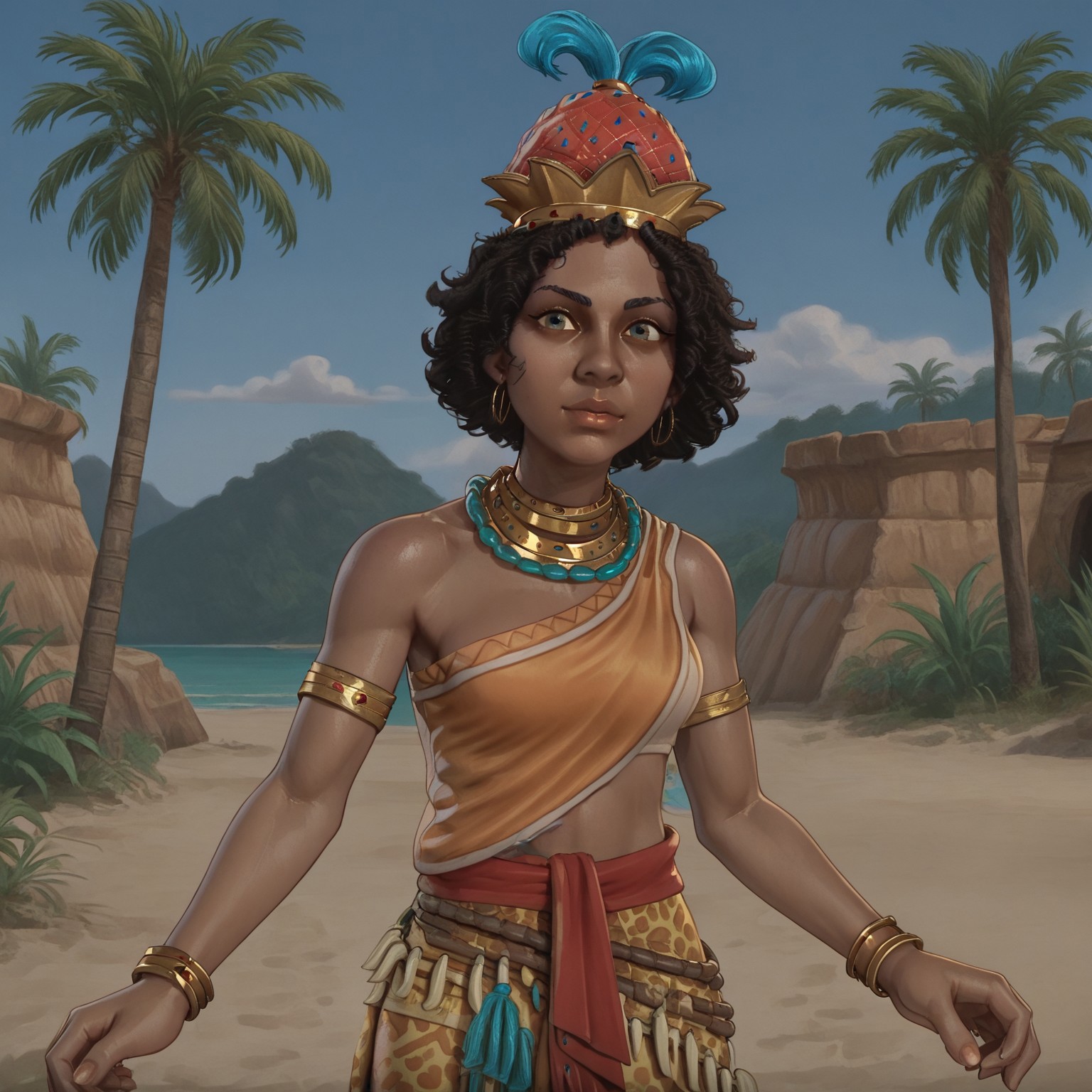 1girl, solo, nzinga, dark-skinned woman, curly hair, black hair, feather crown, african clothes, bare shoulder, gold jewelry, gold bracelet, gold necklace, leaning against a palm tree on the sand