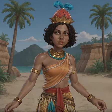1girl, solo, nzinga, dark-skinned woman, curly hair, black hair, feather crown, african clothes, bare shoulder, gold jewelry, gold bracelet, gold necklace, leaning against a palm tree on the sand
