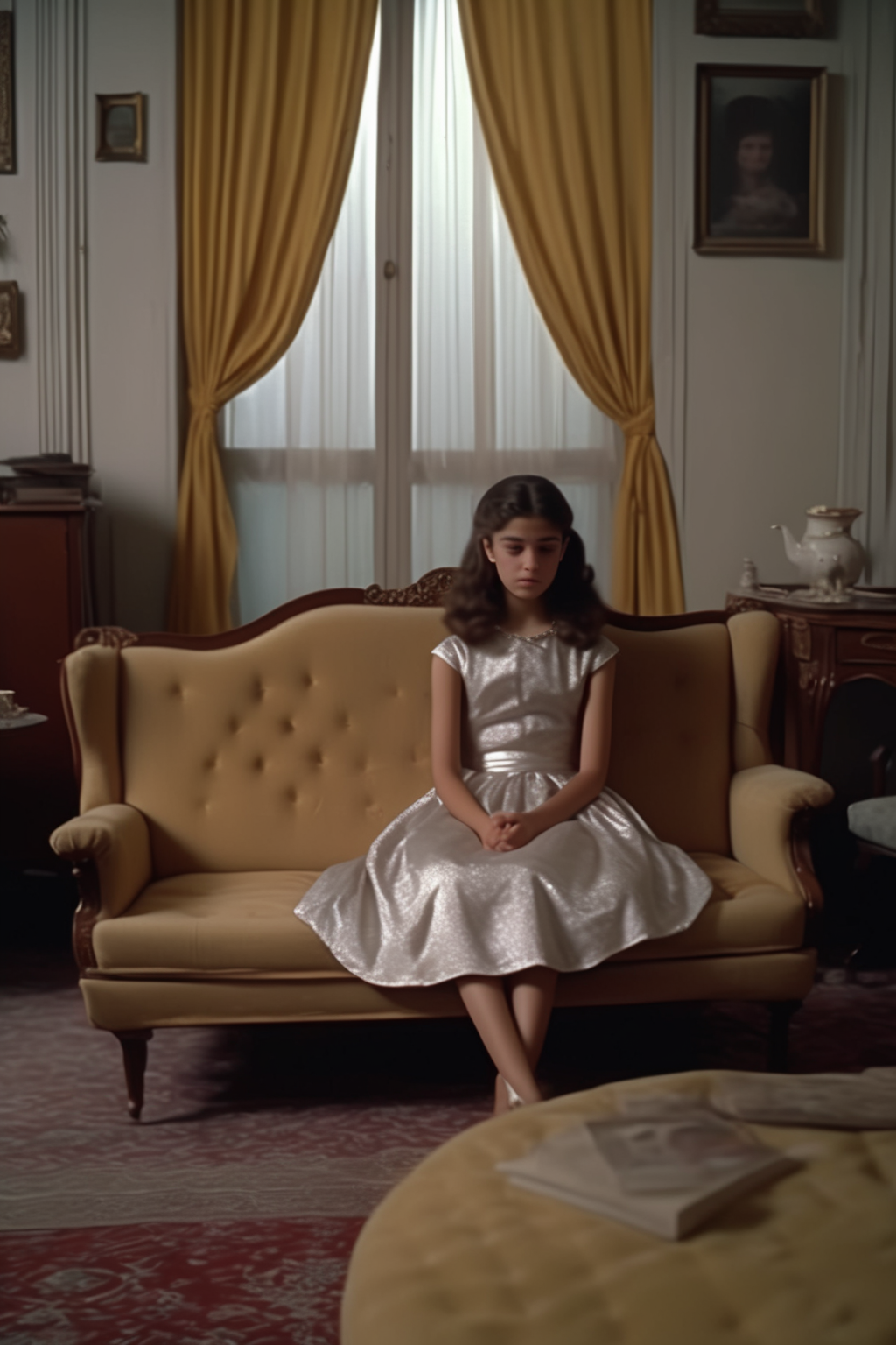 <lora:Director Yorgos Lanthimos style:1>Director Yorgos Lanthimos style - a cinematic still of a 15 year old turkish jewish girl wearing an engament dress sitting on the living room couch with her head down set in 1960s Istanbul shot in the style of movie director 8k cinematic movie still, Interior Day 1960s Istanbul Jewish home living room, cinematic framing and lighting, sharp, avoid warping and blur, anatomically correct human faces,