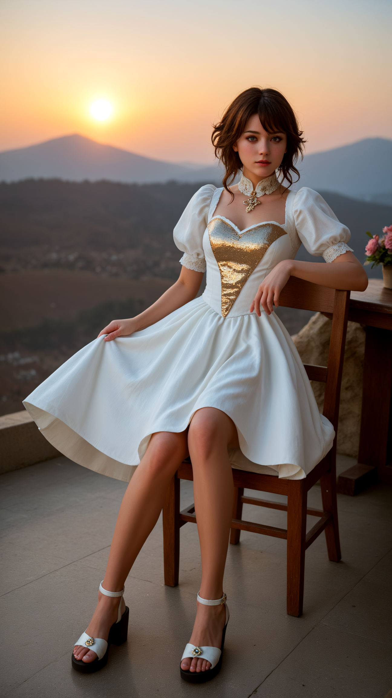 zPDXLrl,zPDXL2,china_girl,(focalors_\(genshin_impact\), juliet_sleeves, cowlick, white_dress, symbol-shaped_pupils, spoilers, mismatched_pupils, drop-shaped_pupils),(A woman standing with her hands resting on a chair in front of her, her body leaning slightly forward.),
(vivid colors:1.3),from front, (((photo raw)), Rembrandt Lighting and Low-Key Lighting Reflection/Refraction and Tilt-Shift Blur , ,),glowing,sparkling,(dynamic angle,dynamic pose),full_body,disdainful,W-sitting,flowers, underwear,panty,presenting,messy long hair with bangs, ,miniskirt,wearing ballgown,
amusement_parks,
( maxi skirt,  sequin top, sandals,  ,balaclava ),( hidden valley tidal estuary,foyer,echoing mountain),(futuristic city, mountain larch,apocalyptic event,balustrade,rustling leaf),