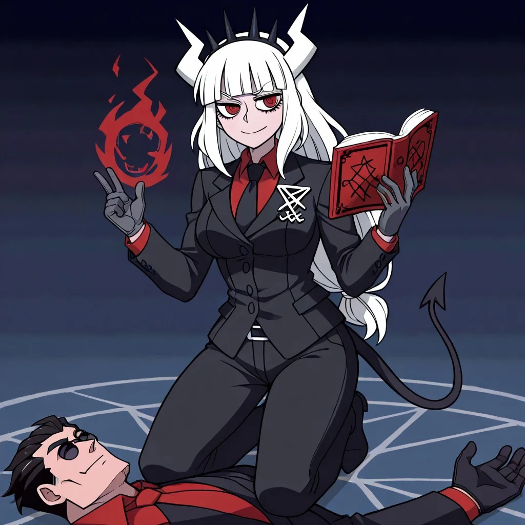 masterpiece, best quality, newest, absurdres, highres, anime, anime style, MHWW-V1.0, my hot witch wife (meme), 1girl, lucifer \(helltaker\), black suit, red necktie, black collared shirt, black gloves, blunt bangs, demon horns, demon girl, demon tail, red eyes, white hair, long hair
magic book, book, kneeling, 
BREAK 1boy, helltaker \(helltaker\), black hair, short hair, muscular, muscular male,
sunglasses, glasses,