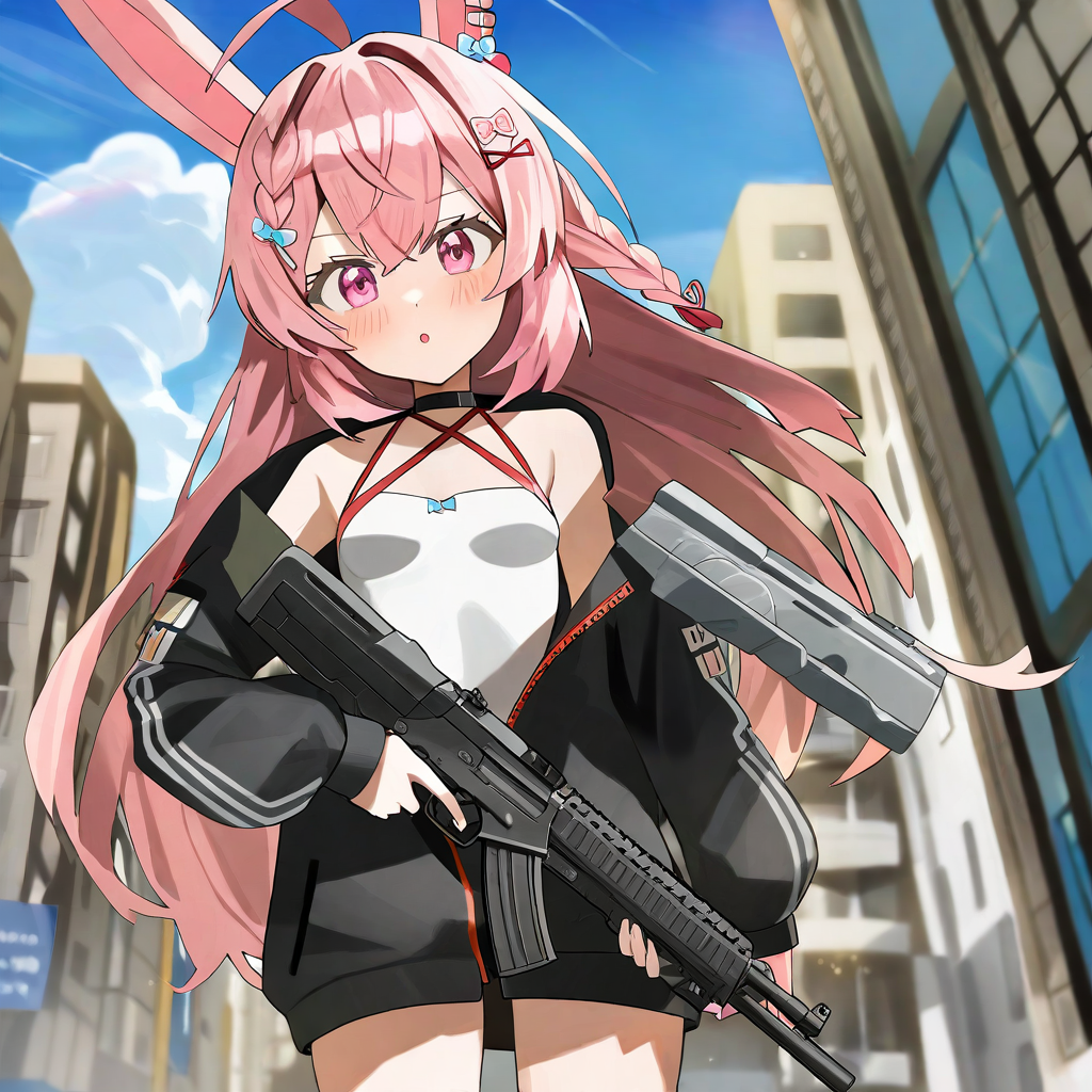 by hoodxart, 2D anime, pipkin pippa, 1girl, solo, animal  ears, pink eyes, pink hair, blush, bangs, ahoge, hair ornament, braid, (small breasts, flat chest:1.5), tactical jacket, criss-cross halter, holding a gun, 
standing, upper body, in a metropolis, sunny day, 
 <lora:pipkin_pippa_XL:1>