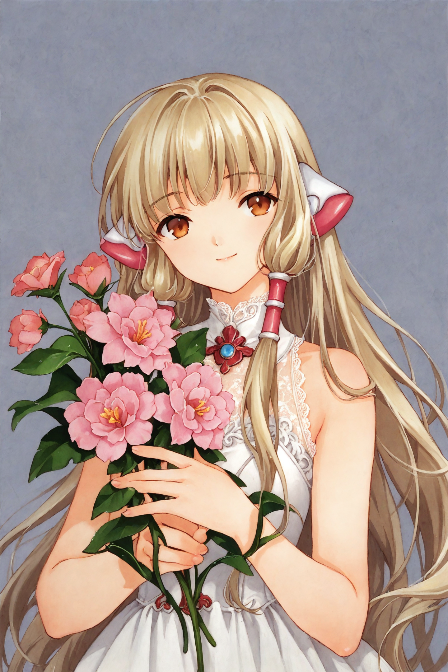 score_9,score_8_up,score_7_up,masterpiece,best quality,
Chobits,
CHII,1girl,solo,flower,long hair,robot ears,holding,blonde hair,brown eyes,holding flower,light smile,hair tubes,lace,upper body,dress,bangs,looking at viewer,bare shoulders,smile,sleeveless,white dress,lace trim,pink flower,own hands together,closed mouth,traditional media,
<lora:CLAMP_XL_PONY:0.8>,
