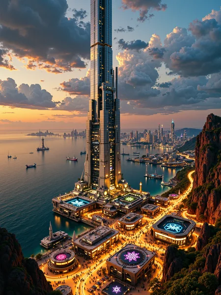 ultra-high-resolution cinematic film still, highest aesthetic quality, ultra-detailed, hyper-realistic, photorealistic, uhd, 8k, 4k, science fiction, a towering space elevator rising from a vast, high-tech coastal city at twilight, the terminal structure at the base glows with activity, surrounded by sleek anti-gravity freighters, landing pads, magnetic rails, and futuristic hangars, its architecture is clean and monumental, blending sharp lines with illuminated panels, the city itself stretches out toward the ocean with layered, overlapping districts of luminous towers, neon-lit walkways, and floating vehicles weaving between buildings. in the background, the space elevator pierces through low-lying clouds and extends into the stratosphere, a thin thread of light connecting earth to orbit, beyond the city, ocean waves shimmer with reflected lights and distant cargo platforms, while faint traces of orbital rings and satellite constellations glint in the sky above. a column of ascending transport pods travels along the elevator cable, leaving glowing trails in their wake, their paths converging toward the vanishing point in the sky, near the base, crowds of tiny figures and service bots move in rhythmic patterns, loading cargo and preparing for launch. birds eye perspective with a slight downward tilt, emphasizing the connection between the vibrant city below and the impossibly tall vertical structure disappearing into the heavens. twilight ambiance with warm golden and cool blue light interplay, subtle atmospheric haze at high altitudes, the space elevator lit from beneath by city lights and from above by the last rays of the sun, glowing traces of energy along the elevator cable create a luminous visual path into orbit. filmed in ultra-wide format, captured on digital imax using a 100mm lens at f/2.8, using rembrandt style lighting for dramatic highlights and shadow depth, masterful use of light and shadow, ovg, artilands02, <lora:style-fantastic_landscapes-v2-flux-by_artifyai:0.76> <lora:sinfully_stylish-dramatic_lighting-v1.0-flux-by_exuberantconsent:0.96>